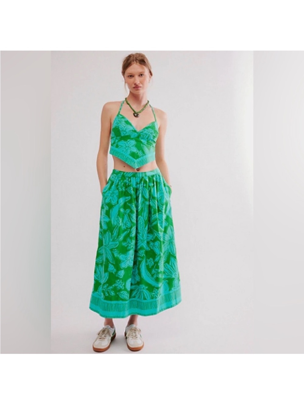 NWT Free People Copacobana Maxi Skirt Set Teal Green Floral Size L